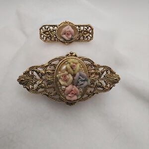 Victorian Porcelain Floral Brooch and Pin Set | Hand Painted Rose Cameo Set |